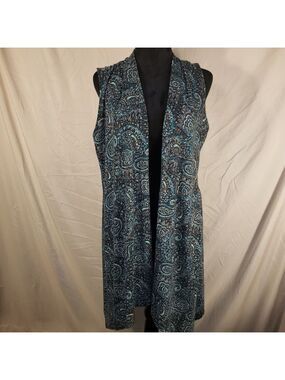 Azules Paisley Open Front Duster Vest in Teal and Black - M